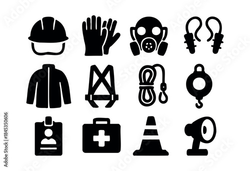 A comprehensive collection of black silhouette icons representing personal protective equipment and industrial safety essentials on a white background — stock vector.