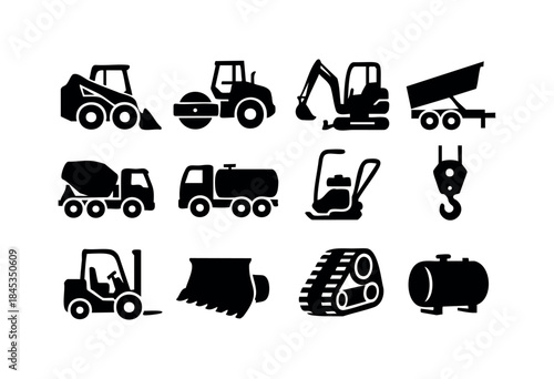 A collection of black silhouette icons depicting various heavy construction vehicles and industrial equipment. — stock vector.