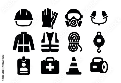 A comprehensive set of black silhouette icons representing essential personal protective equipment, industrial safety gear, and emergency tools for workplace security and protection — stock vector.