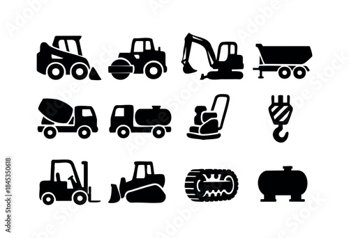 A comprehensive set of black silhouette icons representing various heavy construction vehicles and industrial equipment, perfect for engineering and building-related projects — stock vector.