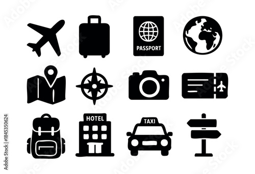 A set of twelve essential black silhouette icons representing various aspects of travel, tourism, and navigation on a white background — stock vector.