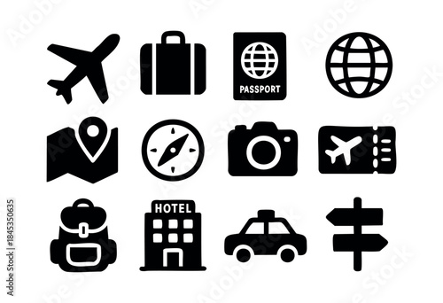 A comprehensive collection of black silhouette icons representing various aspects of travel, vacation, transportation, and navigation, isolated on a white background. — stock vector.