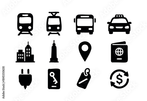 A collection of simple black silhouette vector icons representing various aspects of travel, urban life, and essential services on a white background — stock vector.