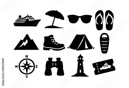 A versatile collection of black silhouette icons representing travel, vacation, and outdoor adventure activities and essentials, isolated on a white background — stock vector.