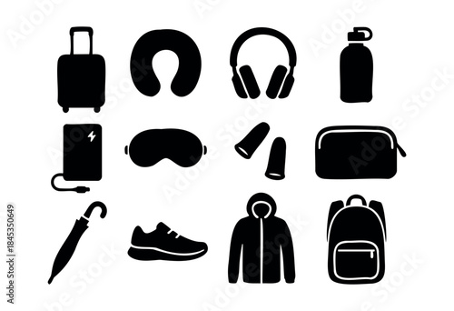 Minimalist black silhouette icons representing various items crucial for comfortable travel and packing — stock vector.
