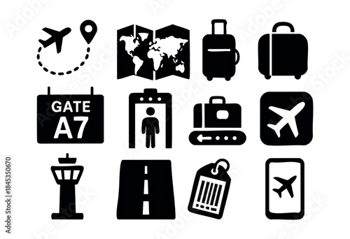 A comprehensive collection of black silhouette vector icons illustrating key elements of air travel and airport processes on a white background — stock vector.