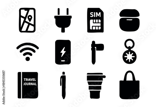 A comprehensive collection of minimalist black silhouette icons representing essential items for modern travel, digital nomad life, and outdoor adventures on a white background — stock vector.