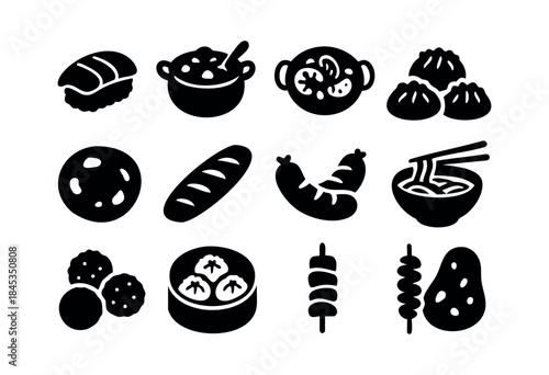 A collection of diverse food icons, depicting various international dishes and ingredients as black silhouettes on a white background — stock vector.