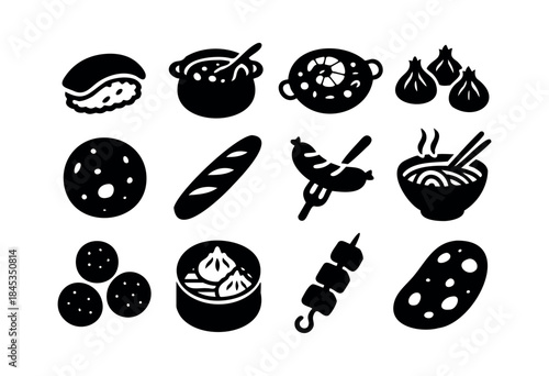 A comprehensive collection of minimalist black silhouette vector icons representing a wide variety of international culinary dishes and food items — stock vector.