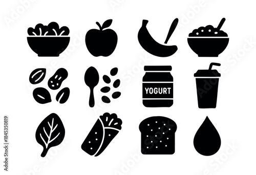 A collection of black silhouette icons representing healthy food, breakfast items, and nutrition concepts including fruits, vegetables, grains, and dairy products — stock vector.