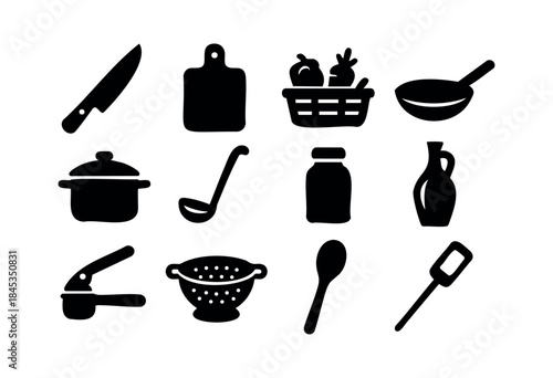 A collection of black silhouette icons representing various kitchen tools and cooking equipment on a white background — stock vector.