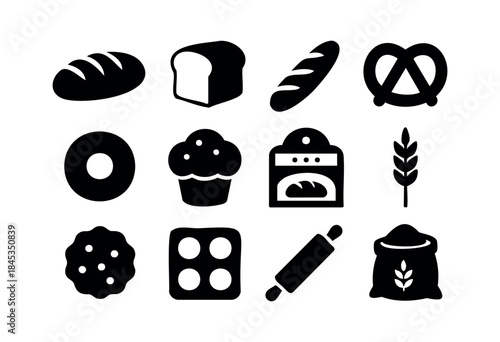 A collection of solid black vector icons depicting various baked goods, baking ingredients, and essential kitchen tools, isolated on a white background — stock vector.