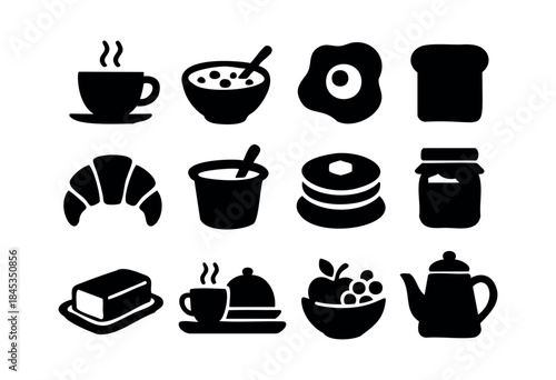 A collection of minimalist black silhouette icons representing various popular breakfast food items and hot beverages, ideal for menus, apps, and web design — stock vector.