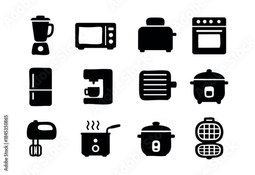 A comprehensive collection of black silhouette vector icons representing various modern kitchen appliances and cooking equipment for household use — stock vector.