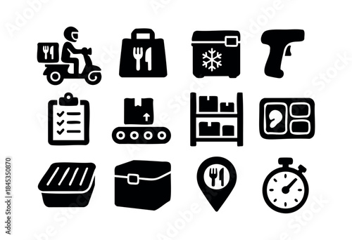A comprehensive set of black glyph icons depicting various aspects of food delivery, online ordering, and logistics services, including transportation, storage, and tracking elements — stock vector.