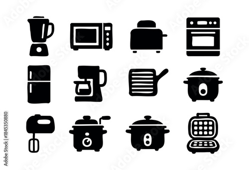 A comprehensive collection of black silhouette vector icons representing various modern kitchen appliances and cooking equipment for household use — stock vector.