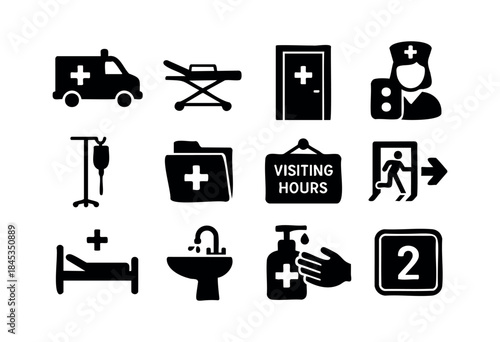 A comprehensive collection of black silhouette vector icons representing various hospital services, medical equipment, and healthcare symbols on a white background — stock vector.