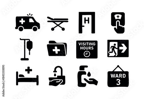 A collection of black silhouette vector icons representing essential hospital facilities, medical equipment, and healthcare services on a white background — stock vector.