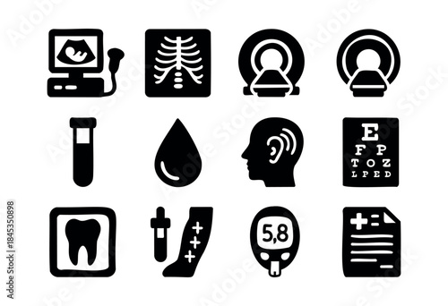 A collection of black silhouette glyph icons representing various medical diagnostic tests, procedures, and health monitoring tools, isolated on a white background — stock vector.