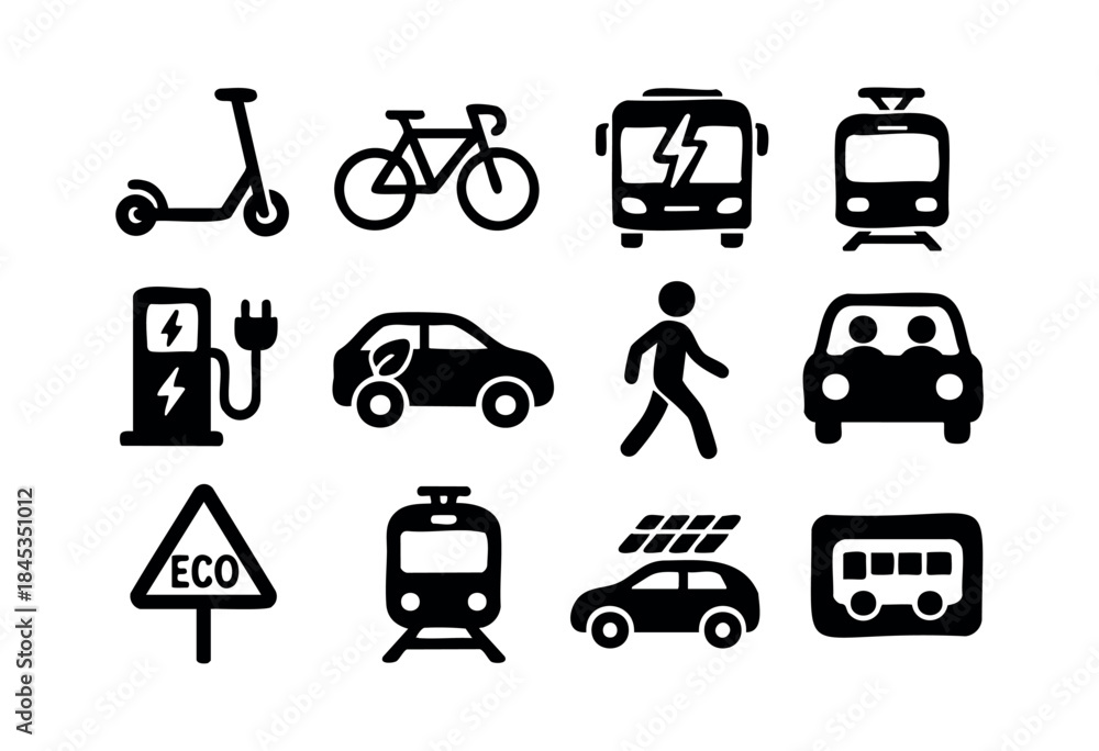 Fototapeta premium A collection of black silhouette icons representing various modes of sustainable transportation, electric vehicles, and urban mobility concepts on a white background — stock vector.