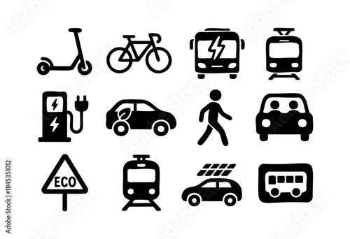 A collection of black silhouette icons representing various modes of sustainable transportation, electric vehicles, and urban mobility concepts on a white background — stock vector.