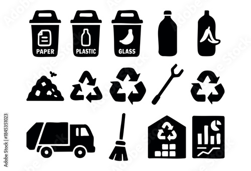 A comprehensive set of black and white icons representing recycling, waste management, sustainability, and ecological practices, including bins, symbols, and related processes — stock vector.