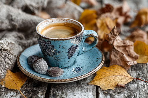 Rustic coffee cup with autumn leaves and walnuts on weathered wooden surface