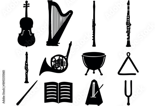 A comprehensive collection of black silhouettes featuring various classical orchestral instruments and musical accessories on a clean white background — stock vector.