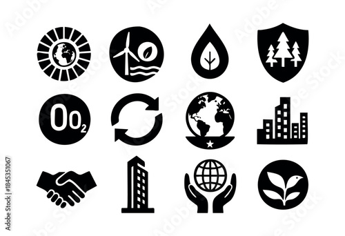 A comprehensive collection of black and white vector icons representing environmental protection, renewable energy, sustainability, and corporate social responsibility concepts — stock vector.