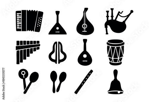 A collection of black silhouettes depicting various folk and traditional musical instruments on a white background — stock vector.