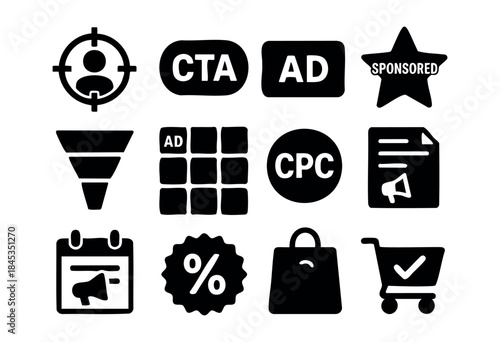 A comprehensive set of black glyph icons illustrating key concepts in digital marketing, online advertising, sales funnels, and e-commerce strategies — stock vector.
