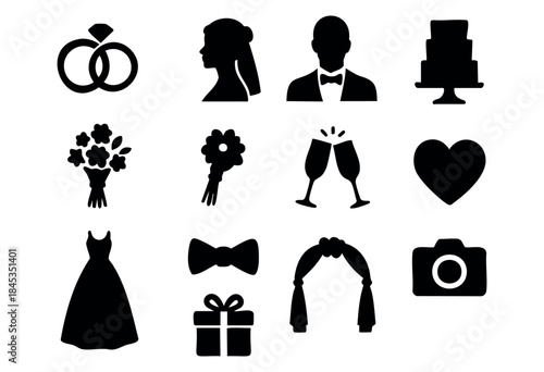A comprehensive collection of black silhouettes representing various essential elements of a wedding celebration, perfect for invitations and design projects — stock vector.