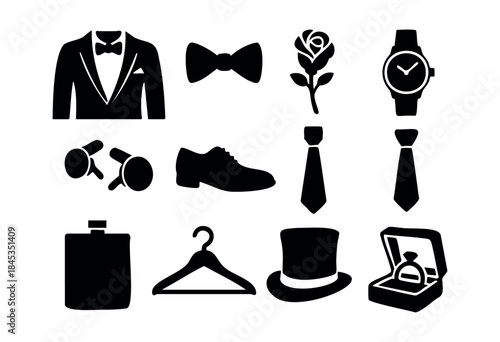 A comprehensive set of minimalist black silhouette icons for men's formal wear, accessories, and celebratory occasions, including a tuxedo, top hat, and engagement ring — stock vector.