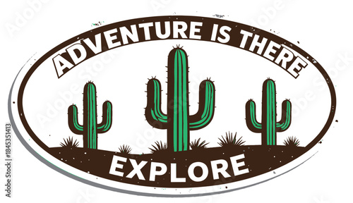 Retro desert exploration emblem with iconic saguaro cacti, inspiring adventure and discovery in the natural landscape