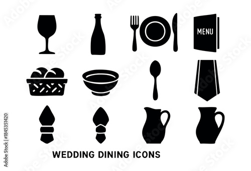 A collection of minimalist black silhouette vector icons representing wedding dining essentials and formal event elements, perfect for menus, invitations, or catering services. — stock vector.