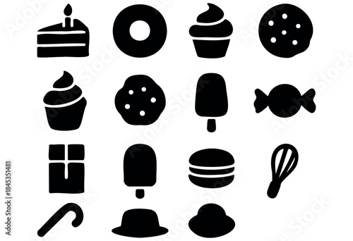 A collection of various sweet desserts, candies, and baking tools rendered as black silhouette icons on a white background — stock vector.