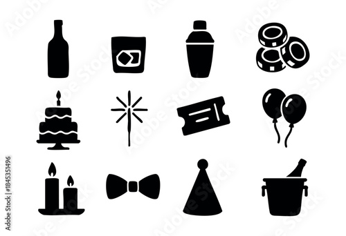 A collection of black silhouette icons representing various elements of parties, celebrations, and entertainment, including drinks, cake, sparklers, and event accessories — stock vector.