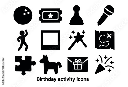 A collection of black silhouette icons representing birthday party activities, games, entertainment, and celebration elements like bowling, magic, and gifts — stock vector.