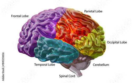Tableau sur toile Human brain with color-coded lobes and labels: frontal, parietal, temporal, occipital, plus cerebellum and spinal cord