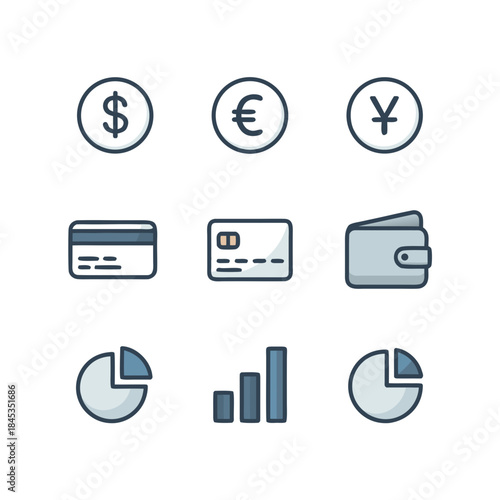 Simple line art icons representing essential financial and currency symbols including dollar euro and yuan along with payment methods and business charts for digital finance concepts