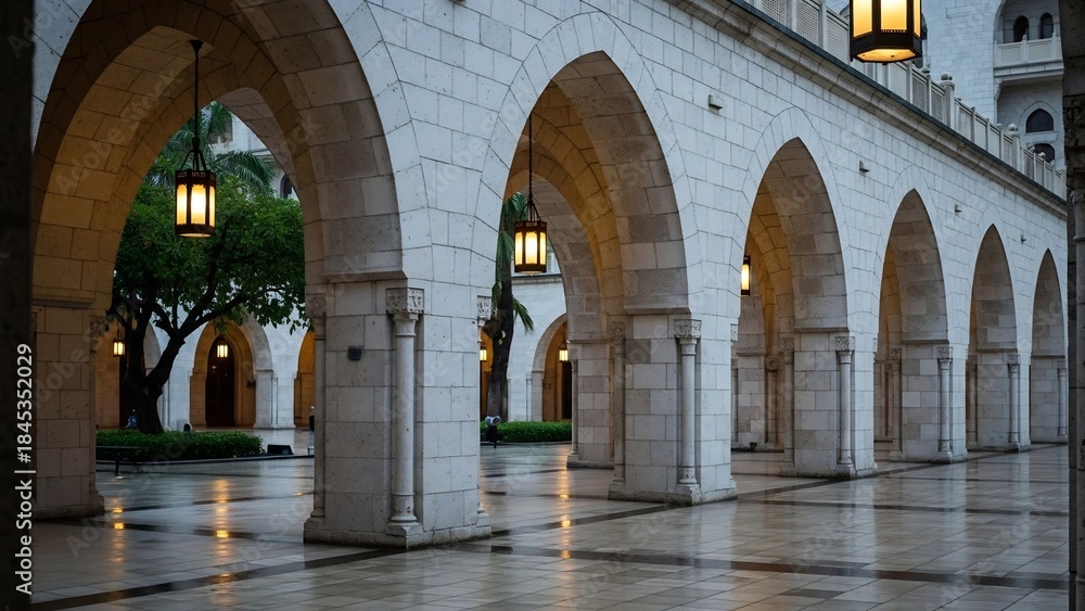 Obraz premium Elegant architectural arches illuminated with warm lights creating a serene atmosphere in the evening.