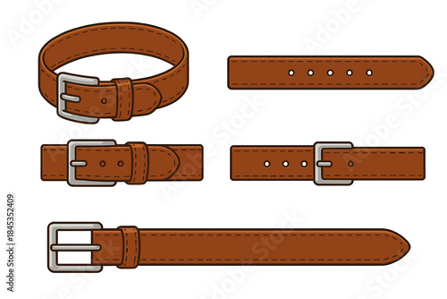 Set of brown leather belt straps with various buckle designs