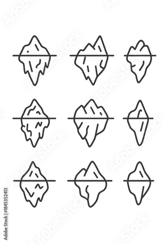 Nine minimalist line icons depicting icebergs above and below the water surface