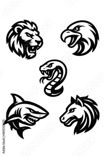Aggressive animal head emblems set featuring lion eagle cobra shark and horse
