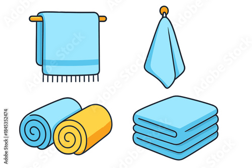 Set of various blue and yellow bath towels in different folded and rolled states