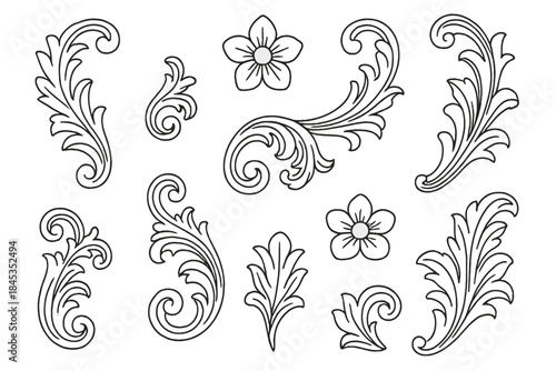 Baroque acanthus leaf and flower scroll ornaments in outline style