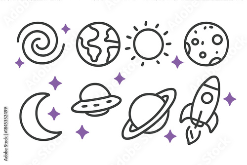 Outline icons set of celestial bodies and various space objects