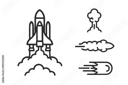 Space shuttle launch and speed trail icons set in outline style
