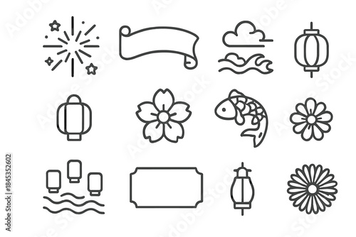 Asian Holiday Celebration Line Icon Set Featuring Lanterns and Flowers