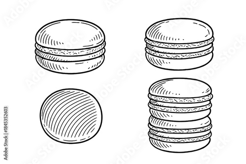 Assortment of hand drawn macaron cookies shown from different perspectives